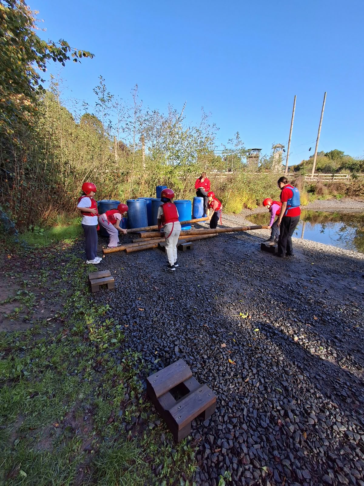 Year 5 & 6 children building and testing rafts