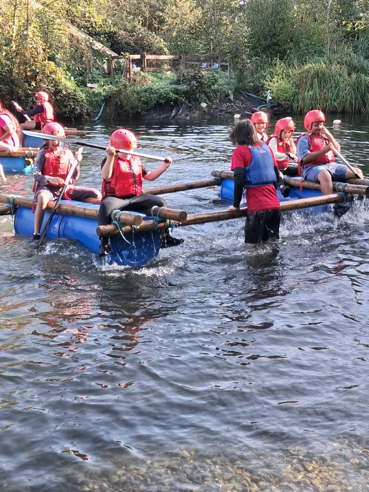 Year 5 & 6 children building and testing rafts