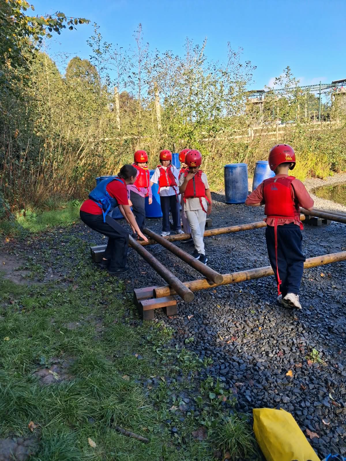 Year 5 & 6 children building and testing rafts