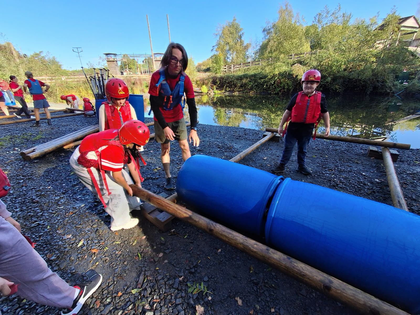 Year 5 & 6 children building and testing rafts