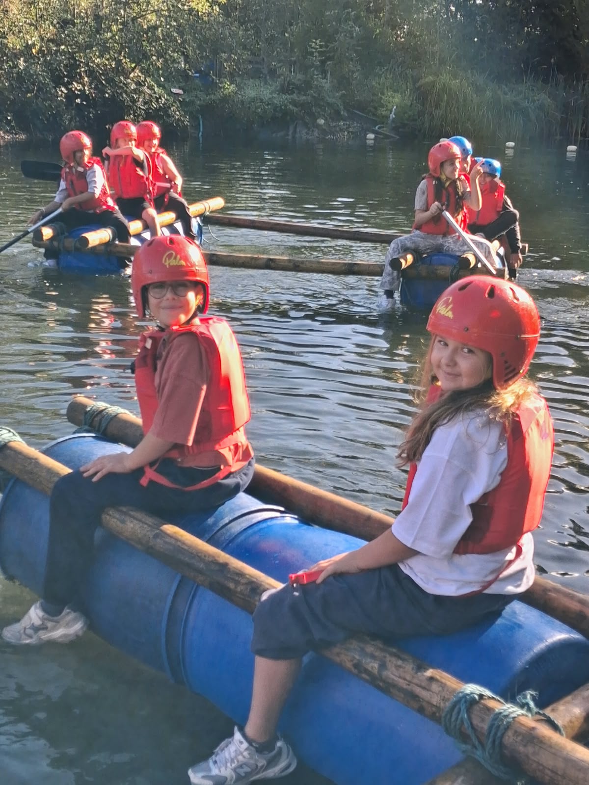 Year 5 & 6 children building and testing rafts