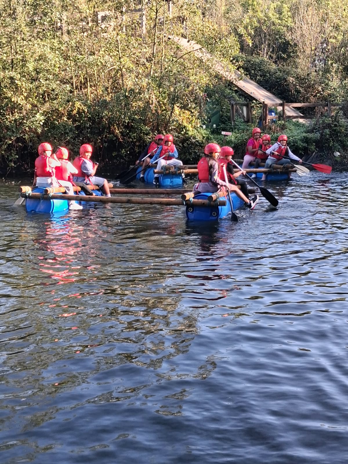 Year 5 & 6 children building and testing rafts